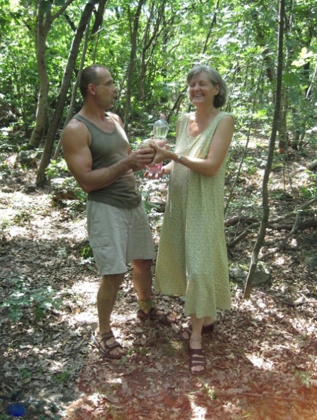 Caucasian grandmother Birgitta K has sex on a yoga mat in a forest